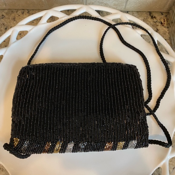 Wow! Black Bronze Silver Beaded Purse with Strap - Picture 4 of 10